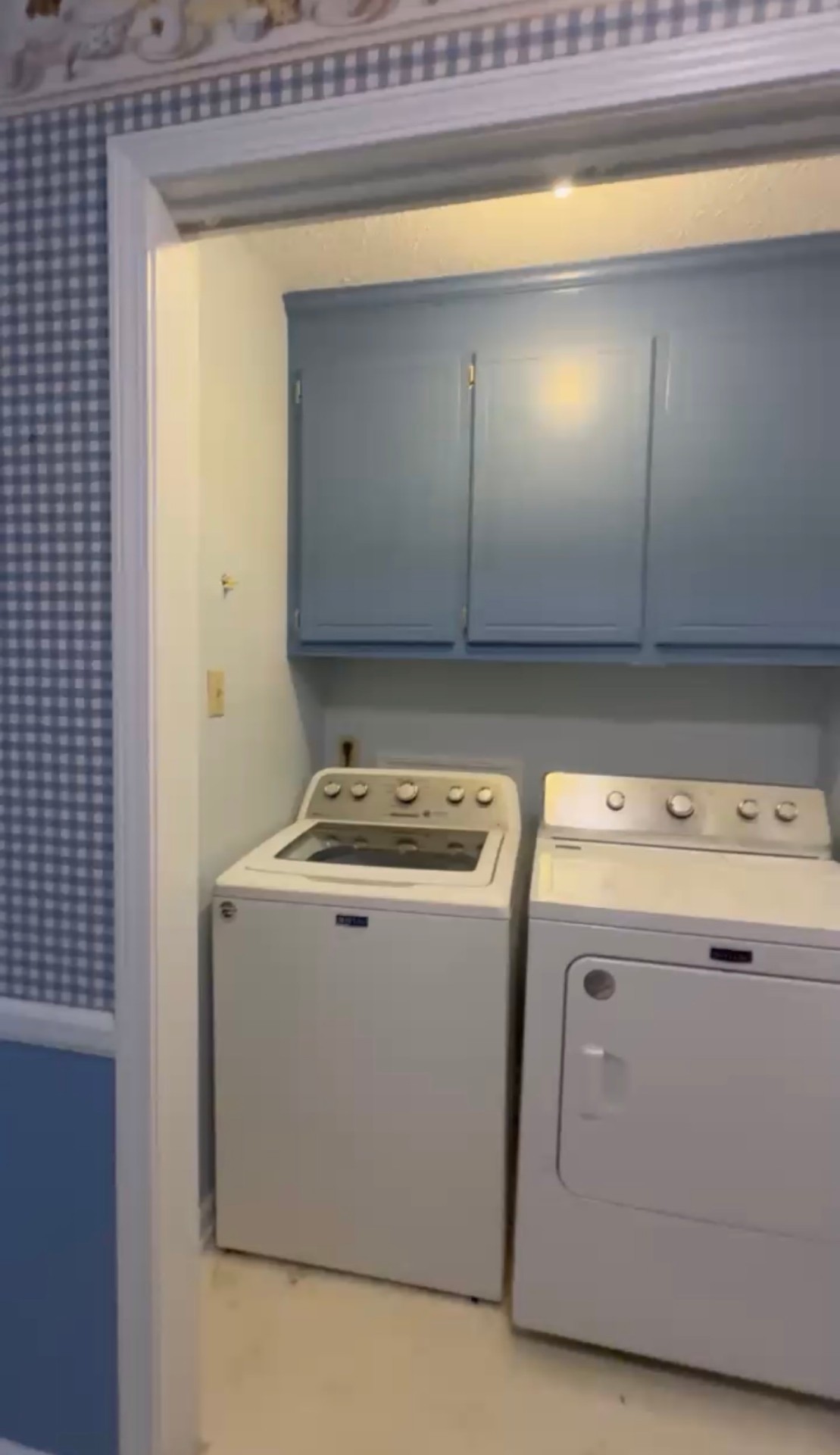 After: Laundry area cabinet repainted in blue to match the refinished kitchen — Laundry Nook Refresh, Cabinet Painting by CJC Remodeling